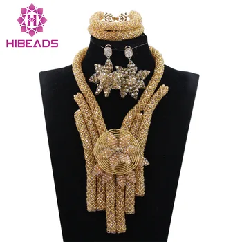 

Gold African Jewelry Sets Crystal Champagne Chunky Bib Statement Necklace Earrings Set Women Jewelry Set ANJ374