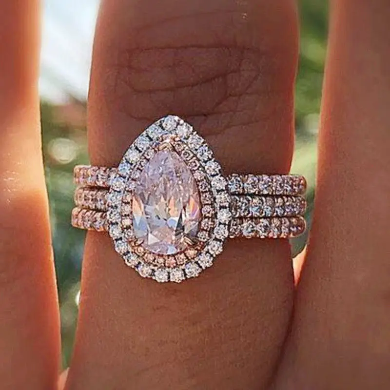 Классическое Кристальное сердце кольцо с розовым бриллиантом трехслойное Женское Обручальное кольцо с аметистом Anillos De Ring Diamante Bizuteria для женщин