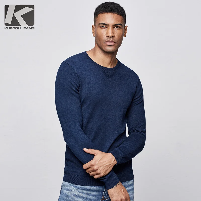 KUEGOU 2019 осенний Однотонный свитер черного цвета мужской пуловер Повседневный джемпер для мужчин брендовая трикотажная одежда в Корейском
