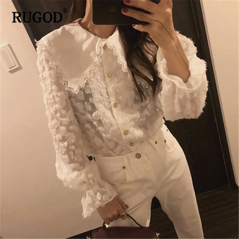 

RUGOD Fashion Spring White Blouse Women Casual lace Flare sleeve chiffon Printed Shirt office wear harajuku women shirts Blouses