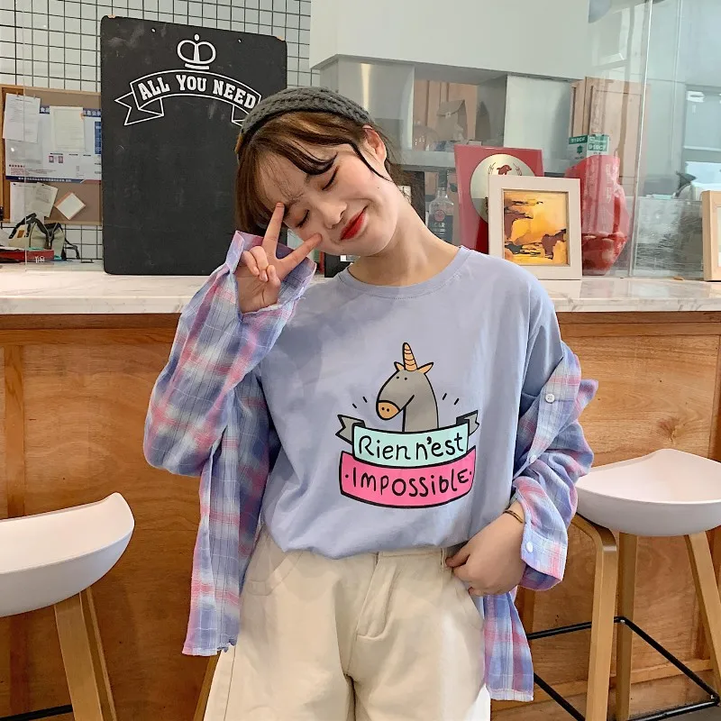 

2019 Summer Lovely Loose T-shirts Women Casual O Neck Cartoon Unicorn Print Short Sleeve Tshirt Student Harajuku All Match Tees