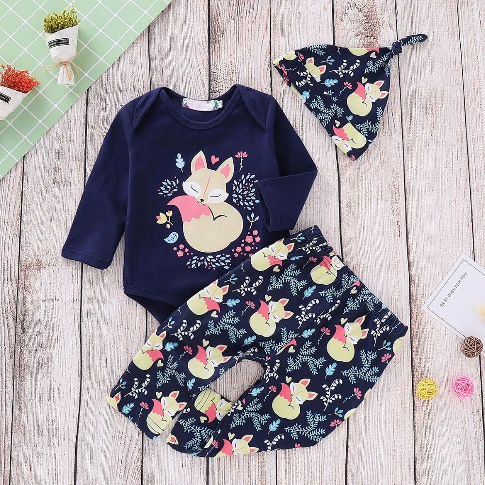 

Baby Girl Clothes Sets Funny Fox Body Tops Pants Hats Newborn Infant 3pcs Outfits Fashion Long Sleeve Toddler Bebes Costumes New