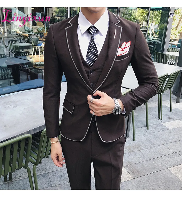Linyixun 3pc Men Suit Korean Autumn Winter New Wedding Tuxedo Groom
