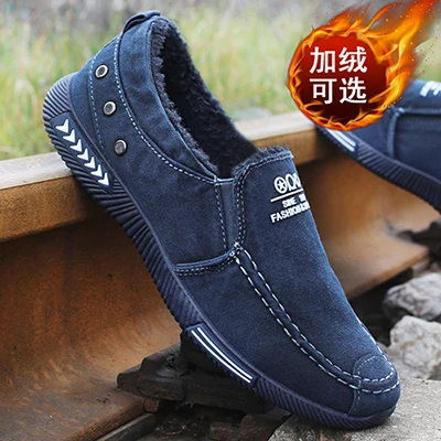 Autumn New Men's Canvas Sports Shoes a Pedal Breathable Lazy Shoes Plus Velvet Warm Lightweight Large Size Men's Shoes - Color: blue Plus velvet