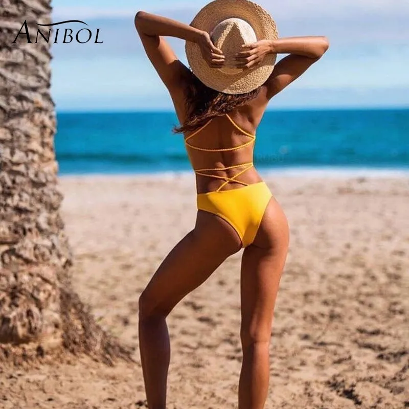 

Anibol Sexy Backless One Piece Women Swimsuit 2017 Knitted String Braziian Girls Swimwear High Waisted Monikini Bathing Suit