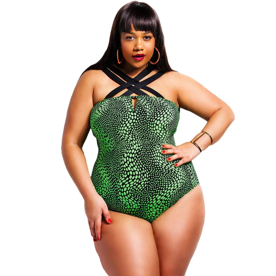 

Sexy Polka Dot Crisscross Strap Plus Size One Piece Swimsuit Swimwear Women 2017 Large Sizes Swimsuit Padded Monokini Ladies