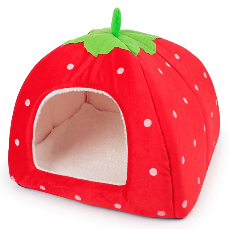 

4 Size 4 color Cute Strawberry Dog Bed House Kitten House Warm Winter Cat Bed Pattern Dog sofa House For Small Dogs or cats