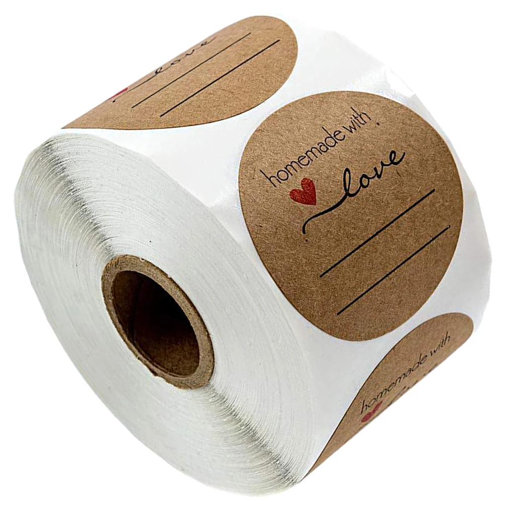 500Pcs Kraft Paper Homemade with love Stickers Labels Roll Self Adhesive