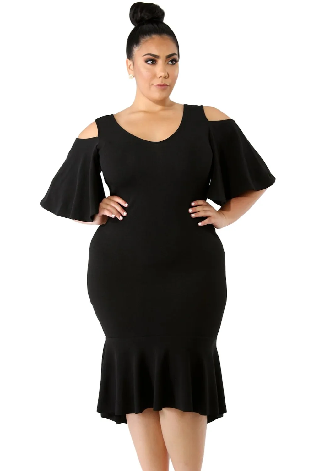Black-Flutter-Sleeve-Cold-Shoulder-Plus-Size-Dress-LC610265-2-1