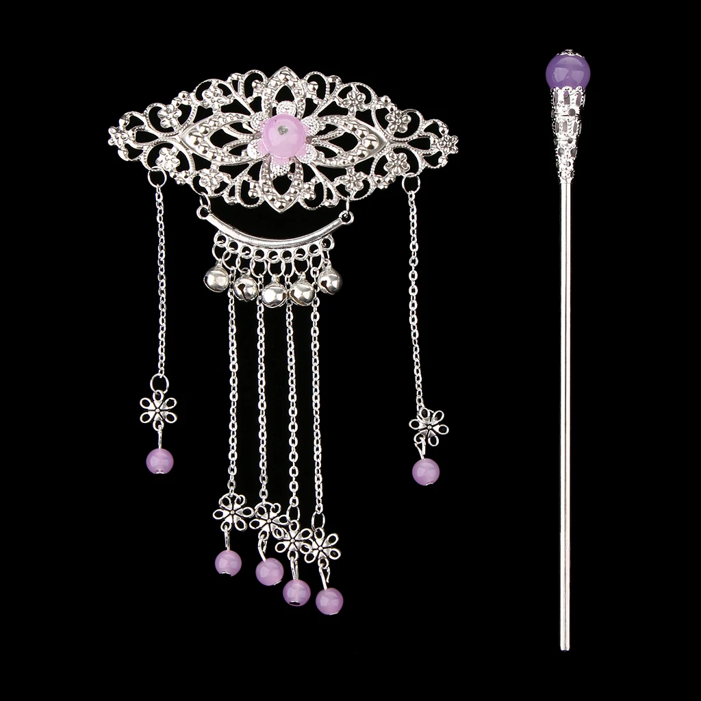 Womens Retro Traditional Chinese Wedding Floral Tassels Bells Hair Stick Chignon Chopsticks Headwear Jewelry