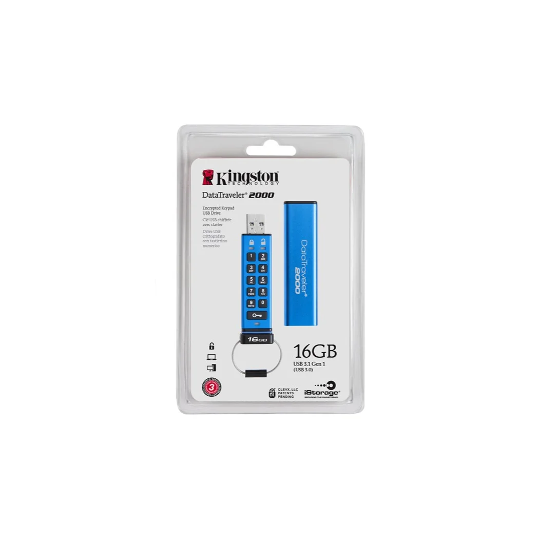 Kingston DataTraveler 2000 DT2000/16 GB-Memoria USB 3,0 DE 16 GB cifrada con Teclado... tipo Llave... Azul