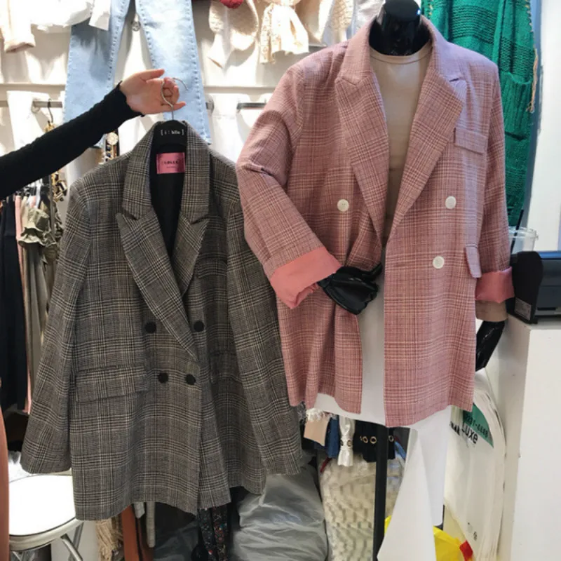 Blazer feminino fashion temperament professional loose wild pink plaid suit was thin elegant coat female suit spring new