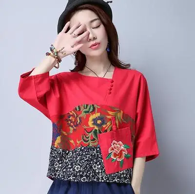 Camisetas Mujer с цветочной вышивкой, свободная футболка, Camisa Feminina, топы, футболка, винтажный летний топ, Женская Футболка Harajuku размера плюс - Цвет: Red Floral