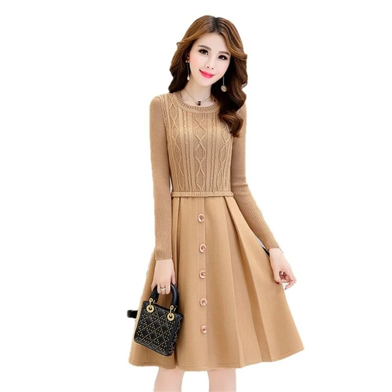 

Autumn Winter Women Button Knitted Sweater Dress 2018 New Fashion Runway O-Neck Long Sleeve Solid Color A Line Slim Dresses H275