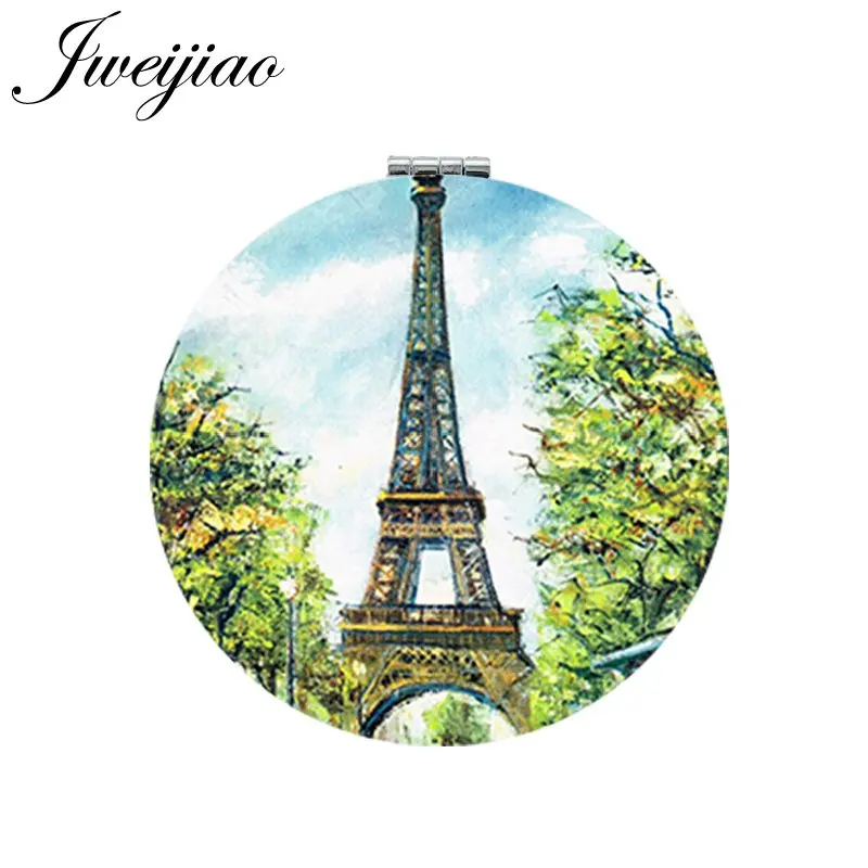 

JWEIJIAO Eiffel Tower Folding Makeup Mirror Mini 1X/2X Magnifying Portable Green Art Photo Round Compact Mirrors