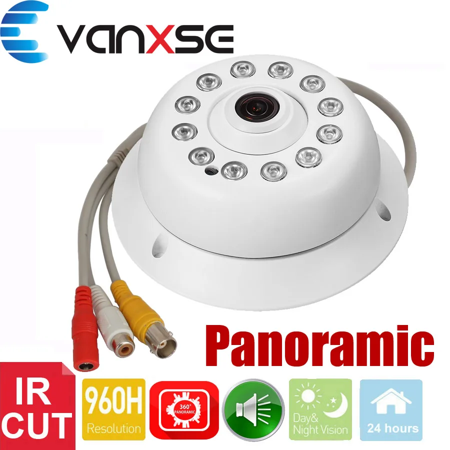 

Vanxse CCTV 1/3 CMOS 1200TVL 12LEDs IR-CUT D/N Panoramic 360 degree 1.7mm Indoor Dome Audio Security Camera Microphone