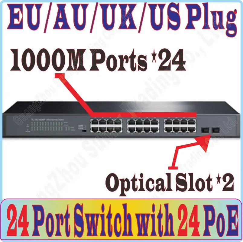 Макс. PoE 185 Вт 26-переключателей порта сетевой коммутатор с 24 портами Gigabit 1000 Мбит/с коммутатор с 24 POE порта Мощность IP Камера Wi-Fi точка доступа, с 2* SFP порт