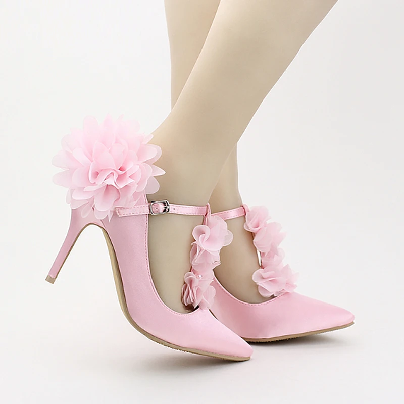 

2018 Spring Lace Flower Formal Shoes Red Pink Satin Pointed Toe Bridal Shoes T-strap Wedding Shoes Girl Party Prom Shoes