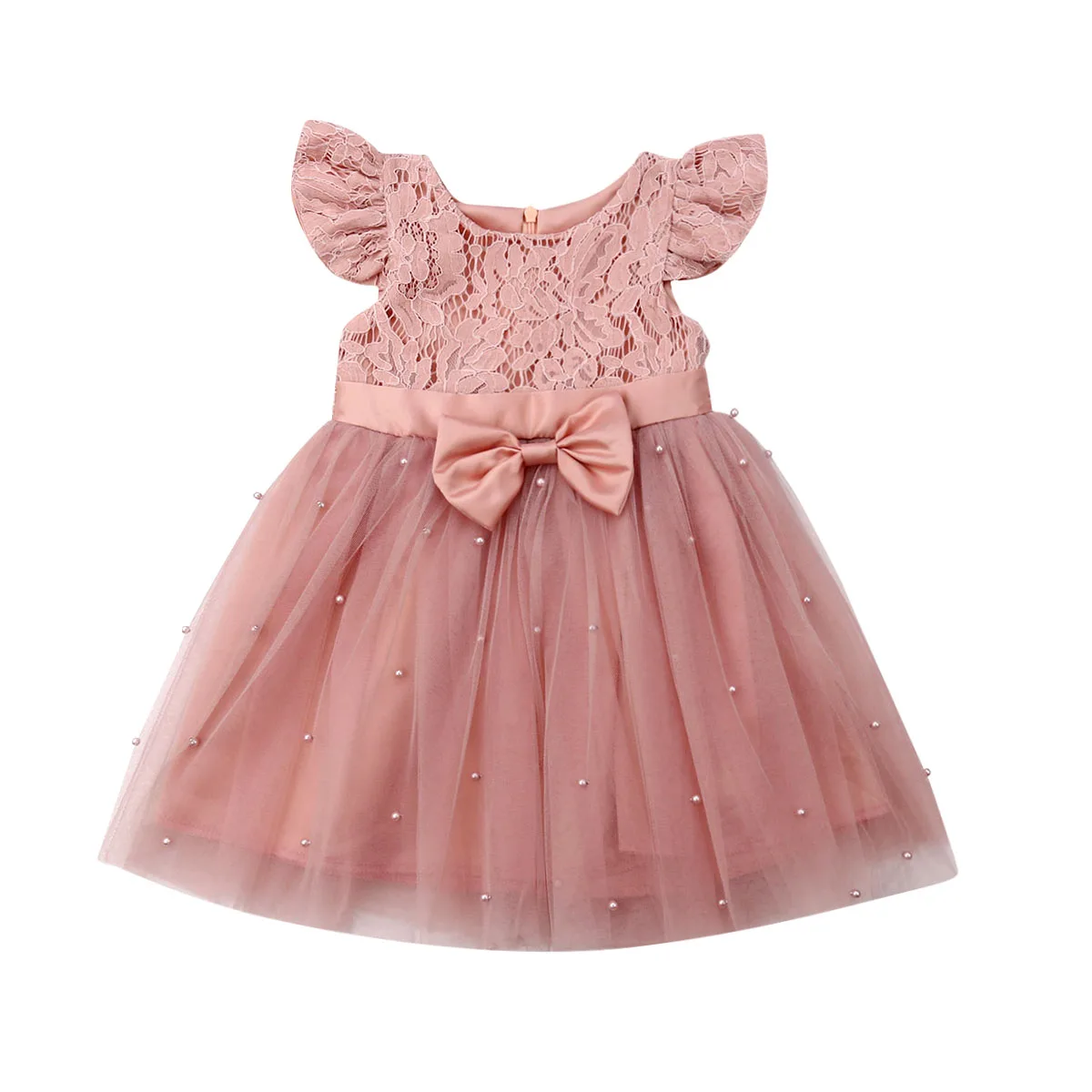 

2-7Years Infant Kids Flower Girl Dress Ruffles Lace Tulle Dress with Pearls Bowknot Princess Wedding Birthday Party Dress
