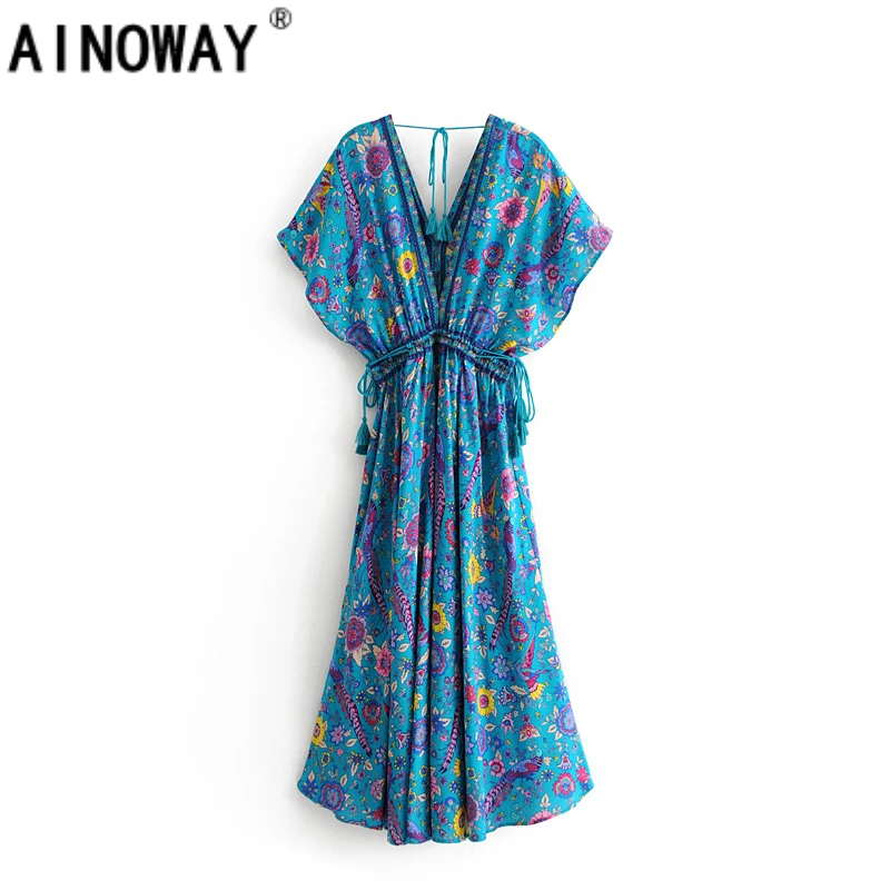 

Vintage chic women Green peacock print V-neck rayon beach long Bohemian dress Ladies Tassel lace-up Summer Boho Maxi dress