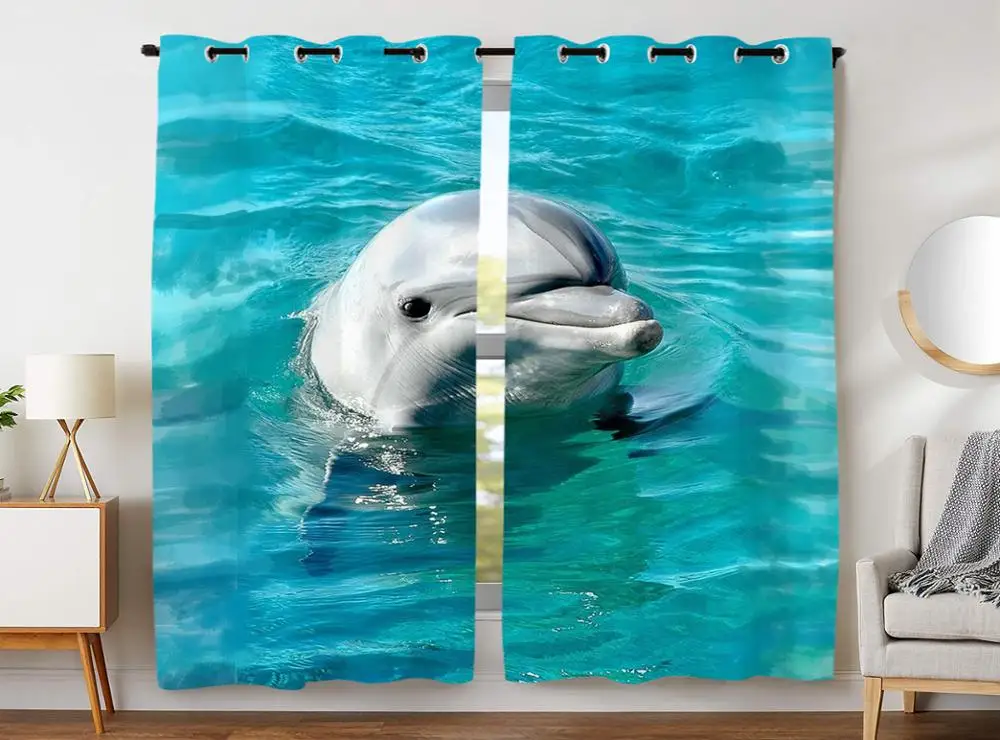 

Blackout Curtains Darkening 2 Panels Grommet Window Curtain for Bedroom Cute Dolphin Blue Sea