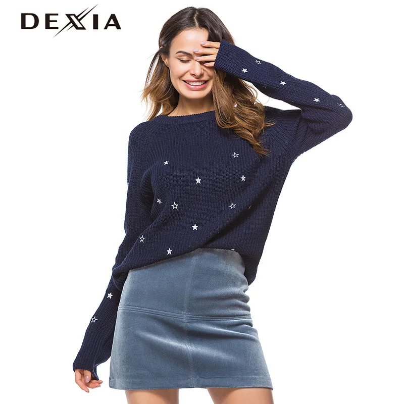 

DEXIA Winter Star Embroidery Sweater Women Long Sleeve Pullover Female Autumn Basic Clothing White Winter Casual Jumper ZJ028