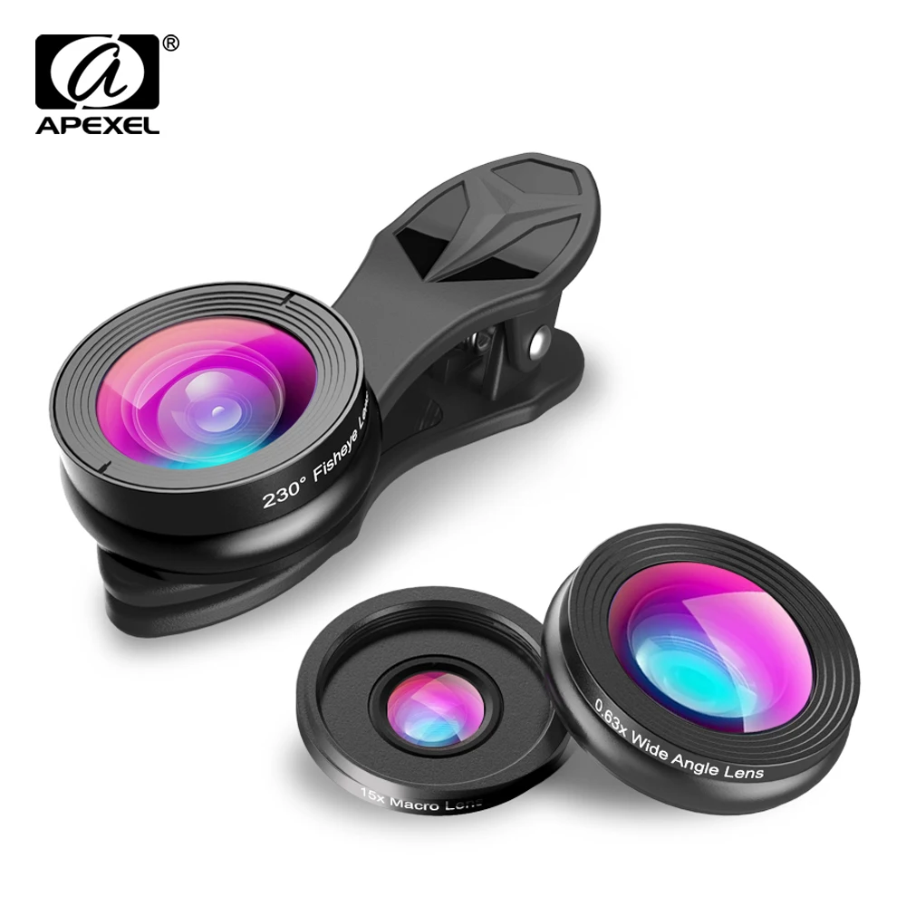 

APEXEL 3-in-1 Clip-on Phone camera Lens lentes Kit for Android Tablets ios and other Smartphones Fisheye Lens+ 2in1 lens APL-SJ3