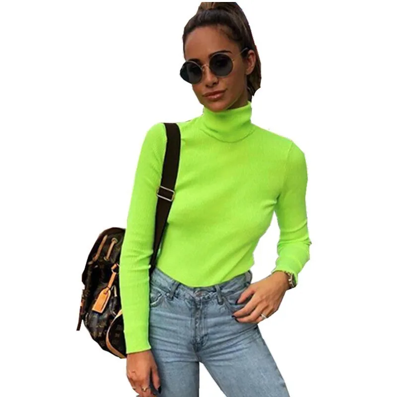 Turtleneck Women Sweaters And Pullovers Neon Green Long Sleeve