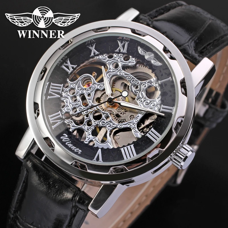 T Winner Men's Watch Mechanical Hand wind Fashion Leather Strap Crystal