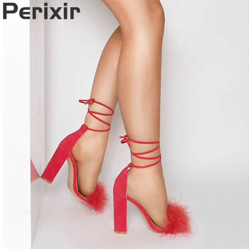 

Perixir summer women shoes Thick high heels ankle strap black Rabbit's hair dress shoes woman sandals fashion shoes size 35-41