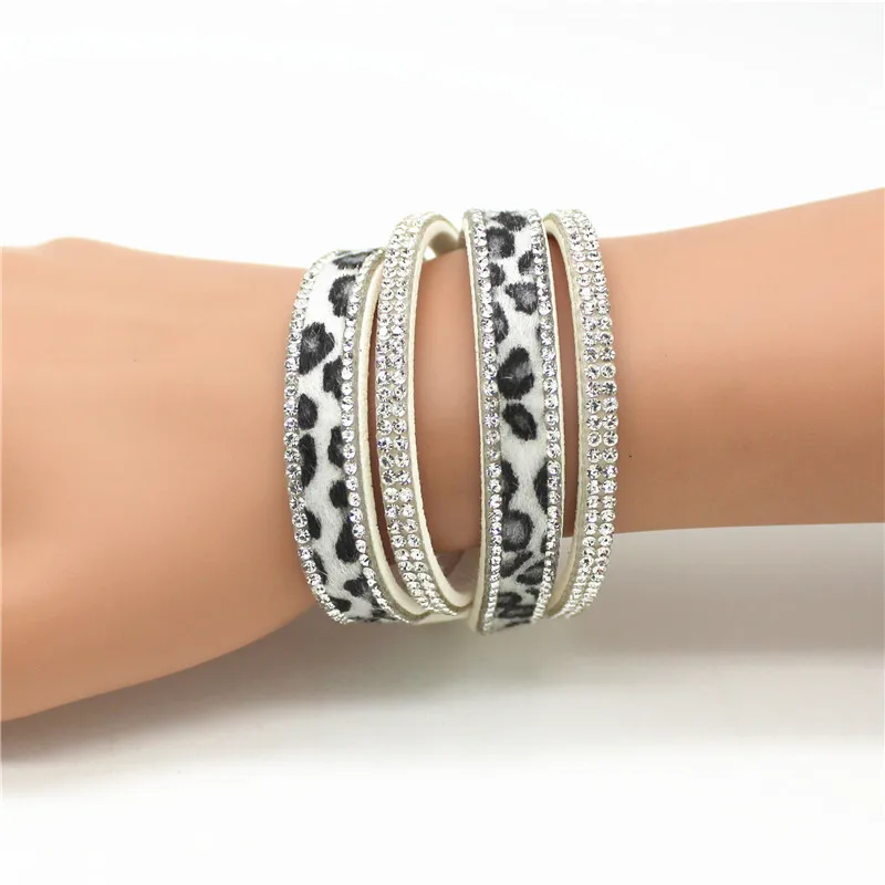 

New Arrived Sexy Leopard Bling Rhinestone Double Wrap Bracelet For Women Leather Wrap Bracelet Wristband Crystal Charms Chokers