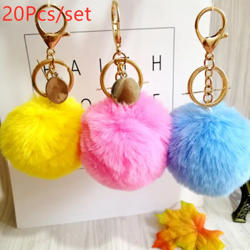 

20Pcs/Pack Pompom Artificial Rabbit Fur Animal Keychains Key Chain Fur Ball Pompon Keychain For Woman Car Bag KeyRings