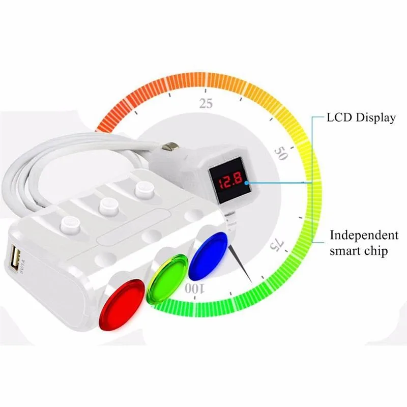 2-ядерный 2-usb 3-гнездо адаптера светодиодный автомобильный прикуриватель Зарядное устройство 12-24 V 120W адаптер гнезд сплиттер 3.1A TF Micro SD мобильный телефон Dual USB зарядное устройство для автомобиля