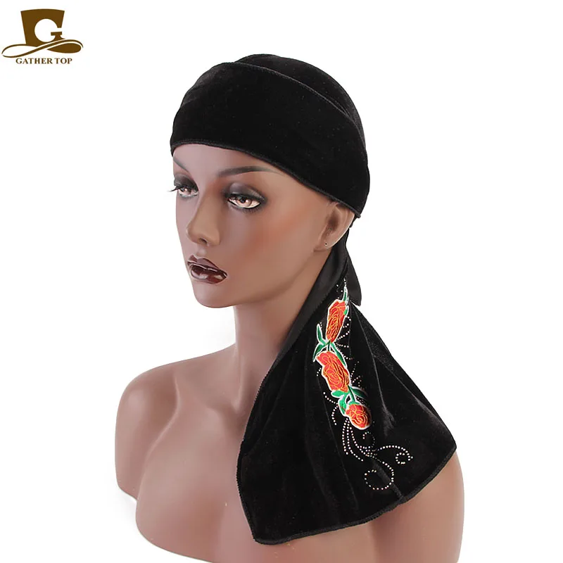 

New Women Vevlvet Durag Rose Flower Pattern Headwrap Unisex Velvet Scarf