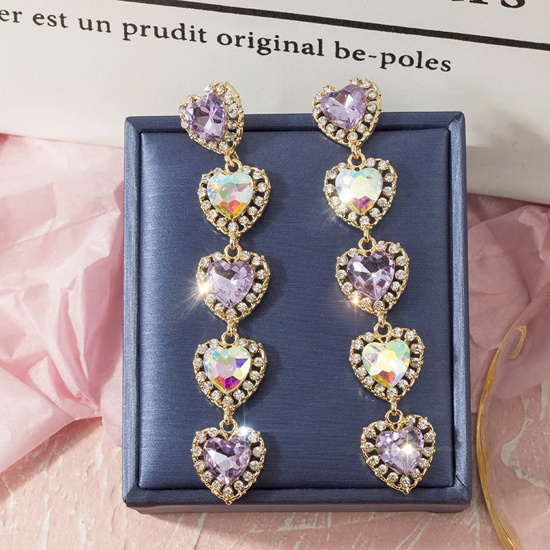 

Korean Colorful Crystal Dangle ZA Earrings Trendy Five Love Heart Rhinestone Long Pendientes Earrings For Women Fashion Jewelry