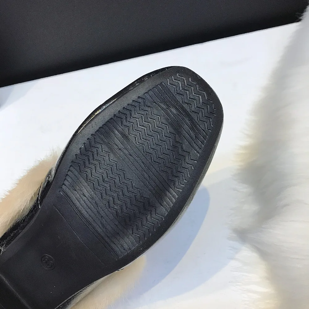 2018 New Fur Shoes Women Square Heel British Wild Mules Shoes