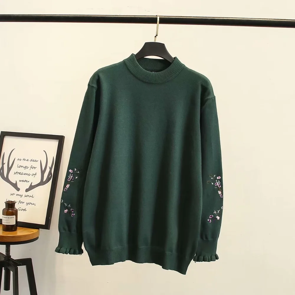 

Plus size turtleneck Embroidered women Knitted pullover 2018 black & green & pink autumn winter ladies sweater wool female