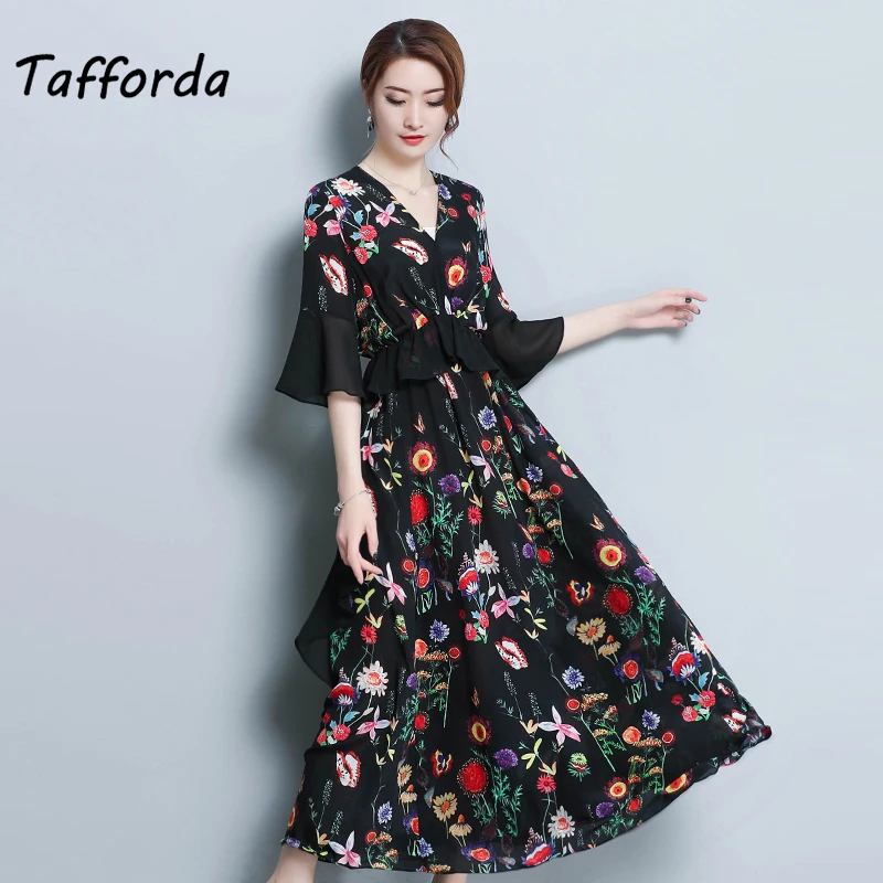

Tafforda New 2018 Summer Bohemian Printed Mesh Silk Dress Sexy V-neck Elegant Butterfly Sleeves Fashion Casual Dress Vestidos