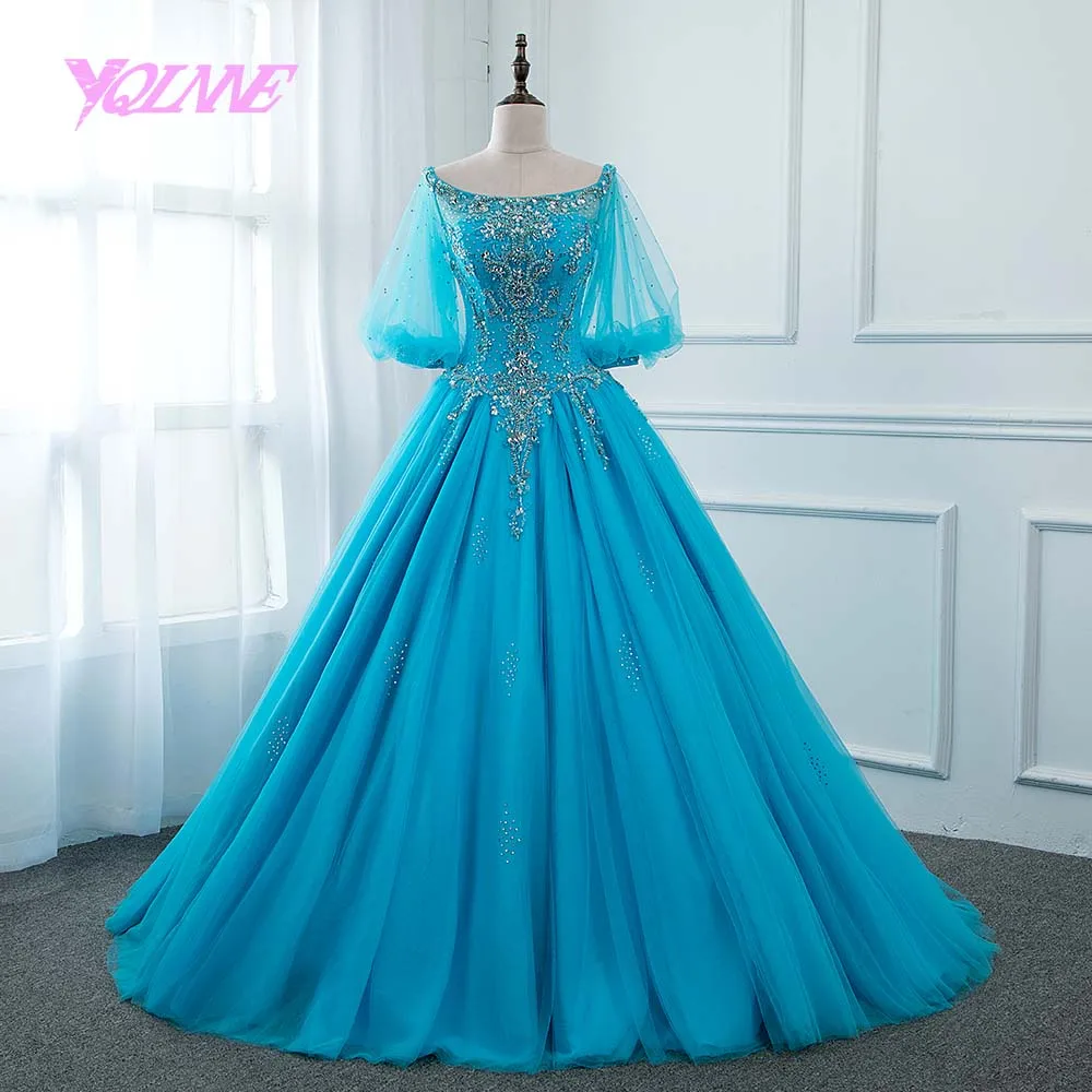 YQLNNE синий бальный наряд бальные платья Quinceanera кристаллами vestidos de 15 сладкий 16 платье; женская обувь на шнуровке с свободная Пышная юбка