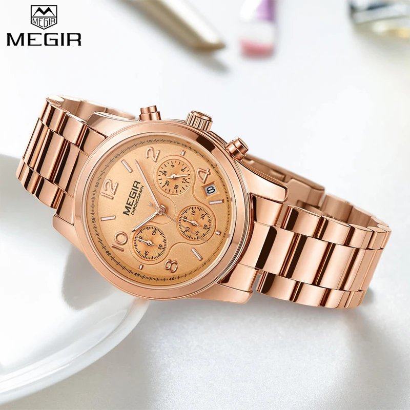 

MEGIR Women Watches Fashion Quartz Wristwatches Calendar Waterproof Ladies Stainless Steel Gold Watch Clock relogio feminino