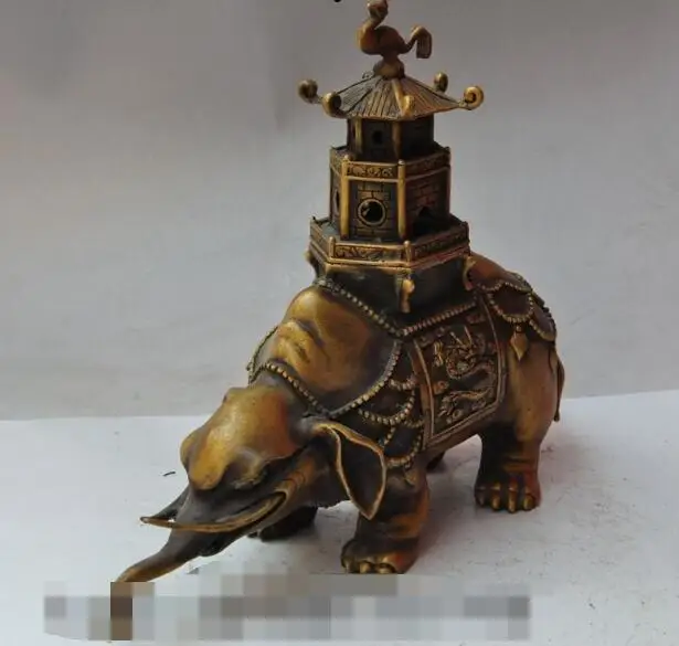 

S01258 10"Chinese palace bronze dragon bird elephant statue tower incense burner Censer B0403