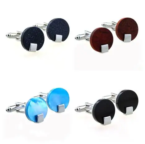 

10pairs/lot Classic Round Natural Wood/Black Onyx Cufflinks Blue Pearl Shell/Stone Cuff Links Simple Business Style Men' Jewerly