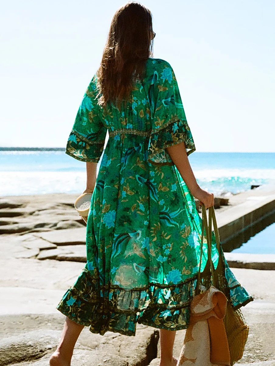 

Green Forest Print Vintage Dress Women Long Maxi Dresses Flare Sleeve V-Neck Dress Boho Drawstring Waist Casual Beach Dresses
