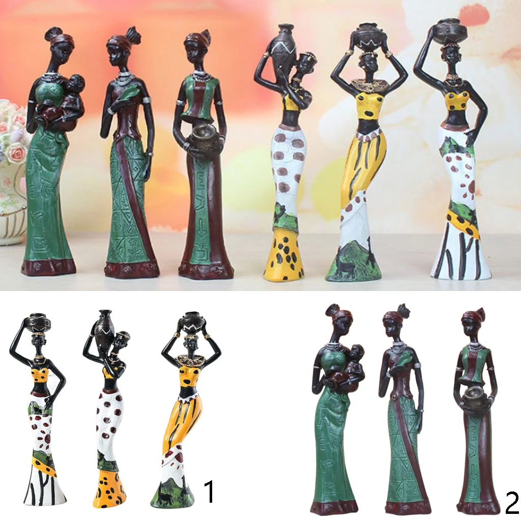 African Figures Sculpture Tribal Lady Figurine Statue Table Stand, Home Art Decor, Set