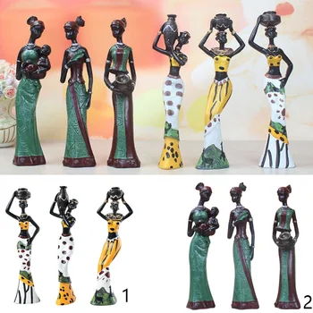 

African Figures Sculpture Tribal Lady Figurine Statue Table Stand, Home Art Decor, Set