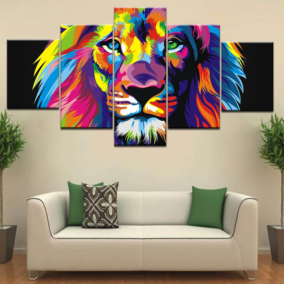 Lion colorful abstract print poster canvas decoration 5 pieces 
