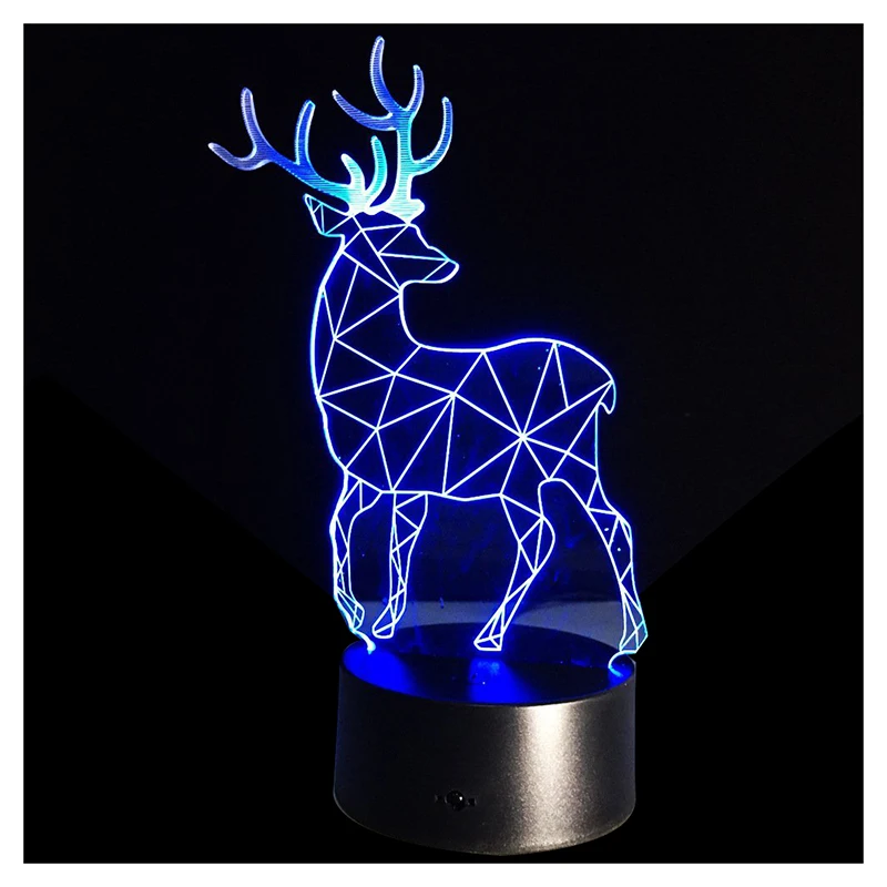 

3D Optical Illusion Lamp 7 Colors Change Touch Button Christmas Reindeer LED Night Light Black+Transparent
