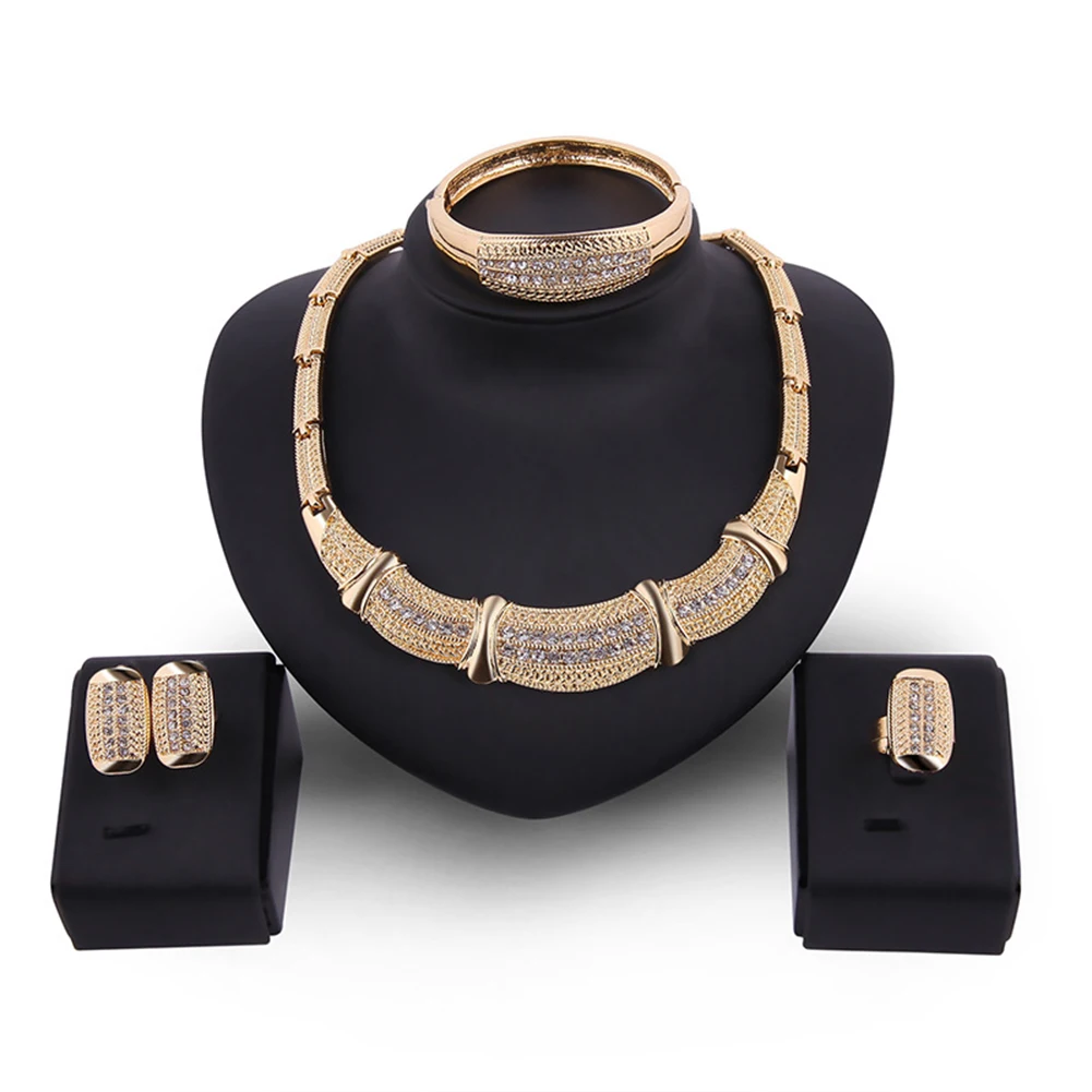 

Bridal Wedding Jewelry Rhinestone Necklace Ring Bangle Golden Earrings Set Gift