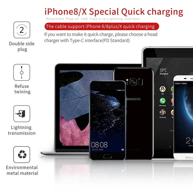 Cable MCDODO USB C PD USB-C a 8 pines Cable de carga rápida para iPhone X 8 8 Plus Cable de datos para iPhone Cable de carga rápida