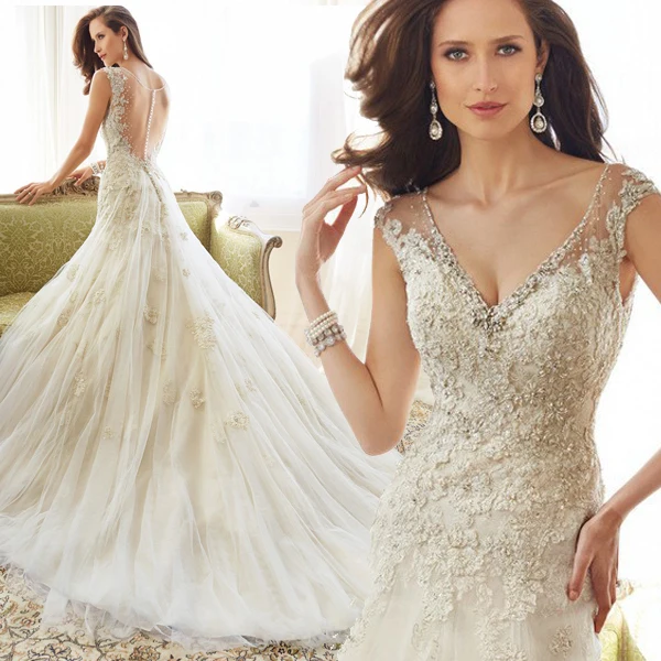 

free shipping sexy backless long 2014 casamento vestido de noiva renda beading v-neck Bridal Gown vintage lace wedding dress